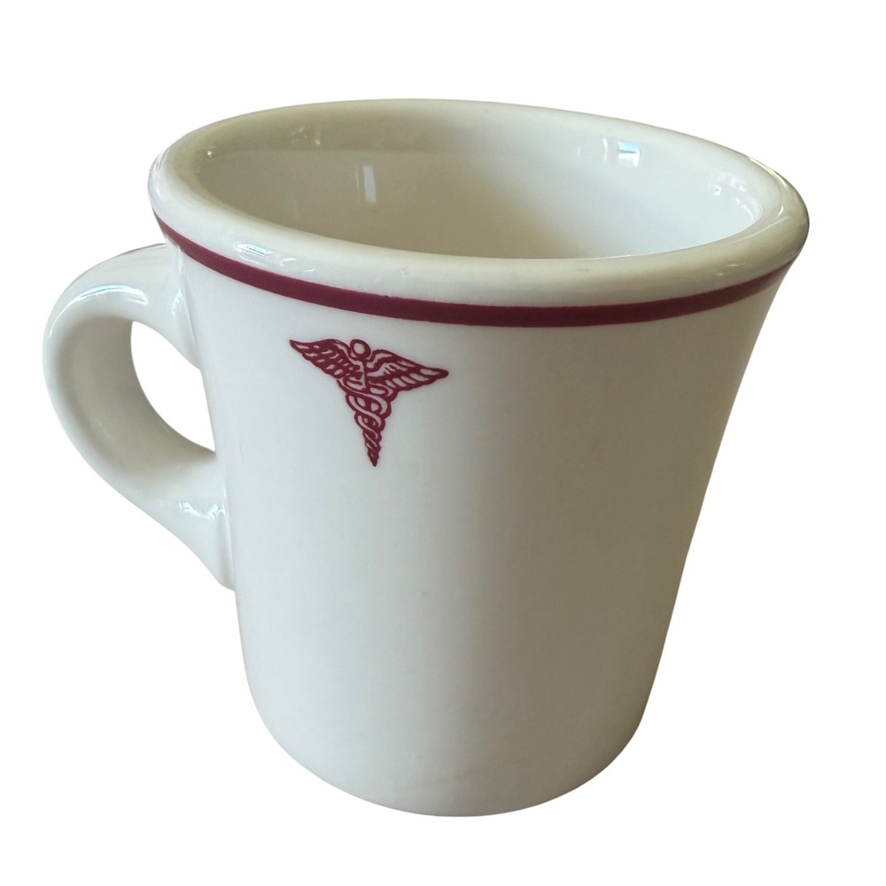 Vintage Medical Caduceus Diner Coffee Mug White Maroon Stripe Restaurant Ware